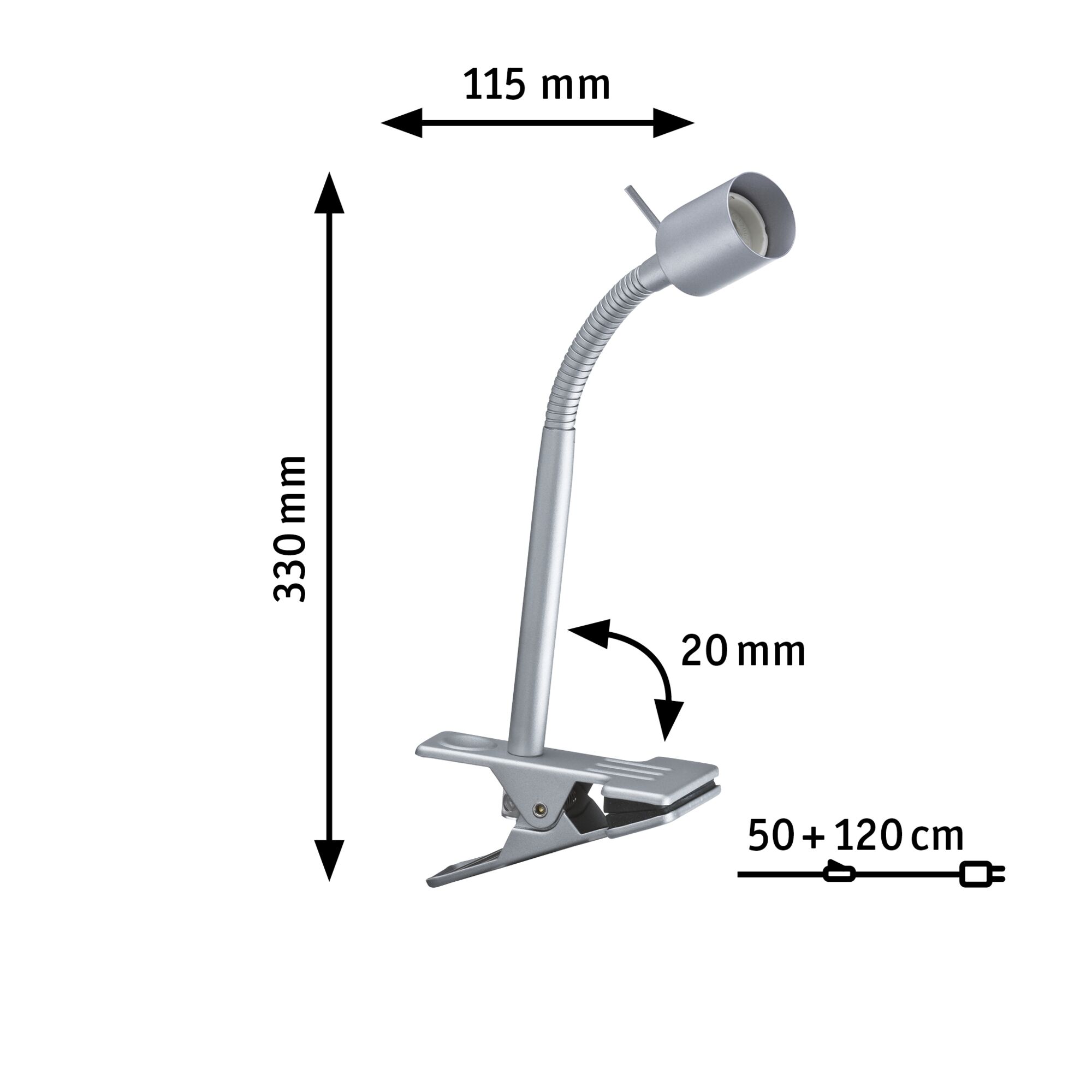Silberne Klemmlampe aus Metall mit flexiblem Hals und 330 mm Höhe, ideal für Schreibtischbeleuchtung.