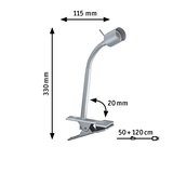 Silberne Klemmlampe aus Metall mit flexiblem Hals und 330 mm Höhe, ideal für Schreibtischbeleuchtung.