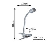 Zilveren metalen klemlamp met flexibele hals, 330 mm hoog, geschikt voor bureauverlichting.