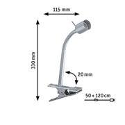 Silberne Klemmlampe aus Metall mit flexiblem Hals und 330 mm Höhe, ideal für Schreibtischbeleuchtung.