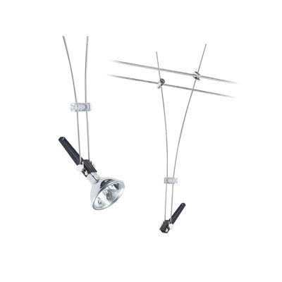 Modern cable spotlight with adjustable chrome lamp and black handle for versatile lighting solutions