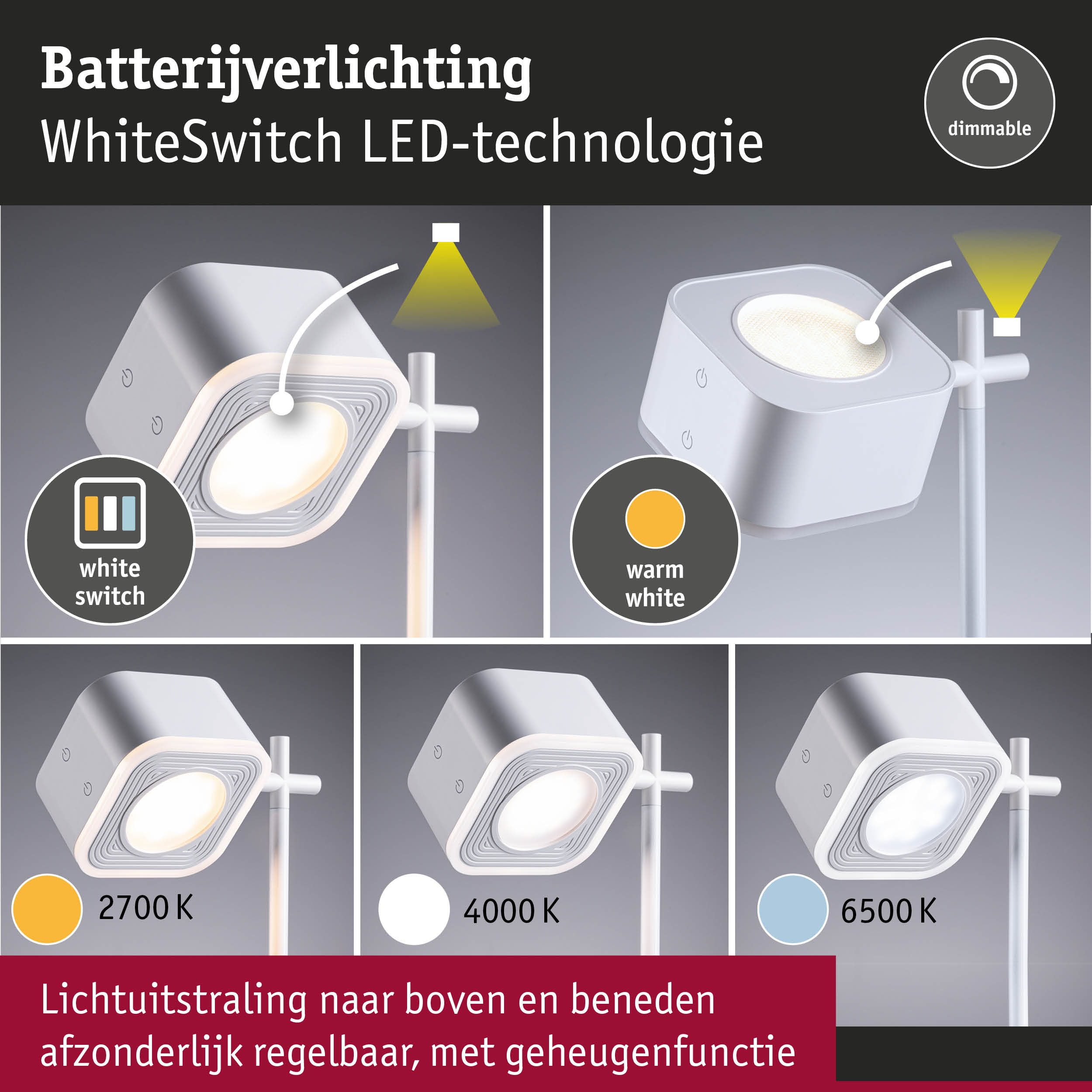 Witte batterij-LED-spot met dimbare WhiteSwitch-technologie en instelbare lichtkleur van 2700K tot 6500K