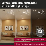 Sormus recessed luminaires with subtle light rings in warm living room featuring memory function