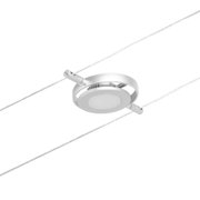 Rundes LED-Seilstrahler-Spot in silberfarbenem Aluminium mit weißem Diffusor für moderne Beleuchtung.