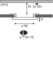 Technische Zeichnung mit Maßen für Einbauleuchte Ø90 mm, Einbautiefe 35 mm, Ausschnitt Ø50 mm