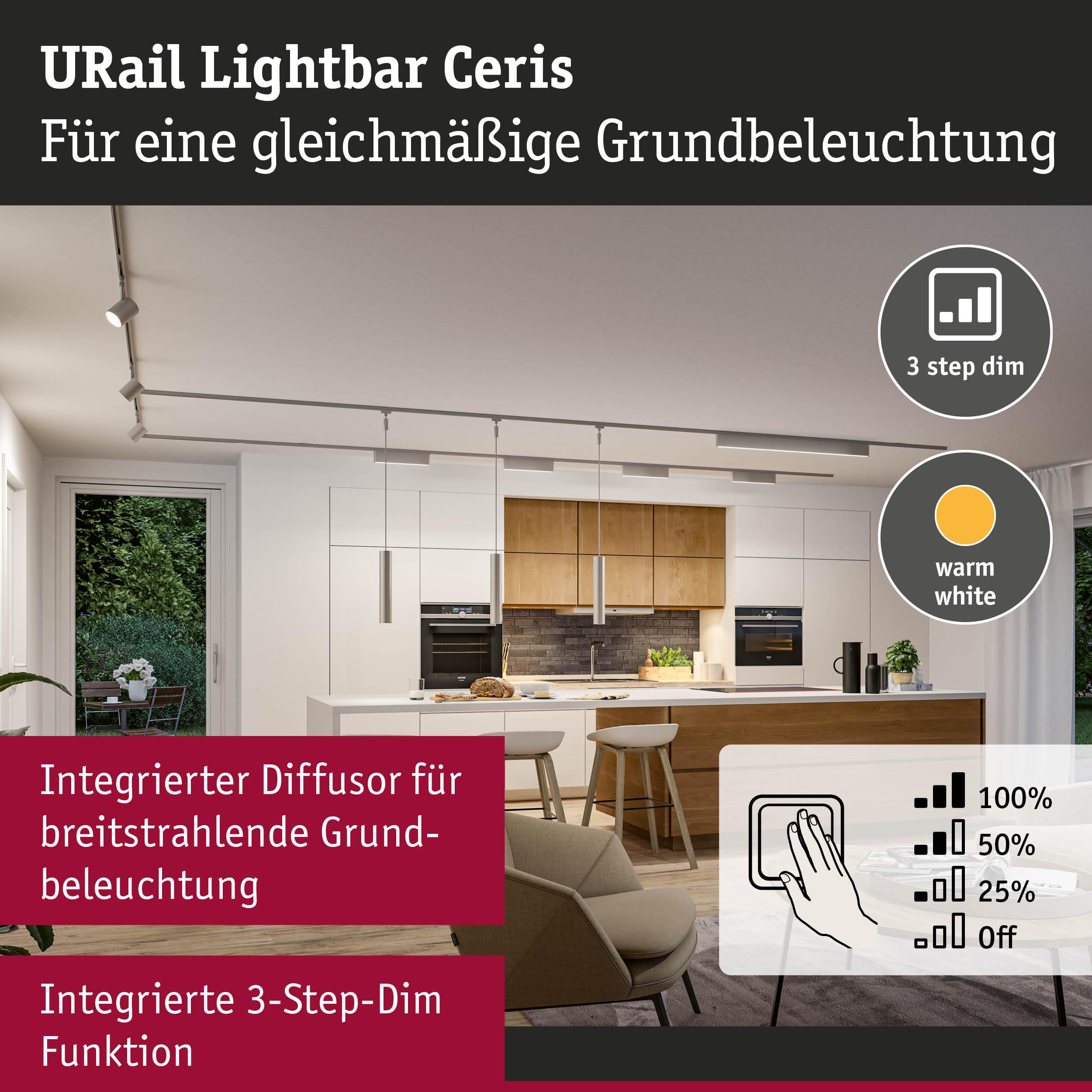 Moderne Küche mit URail Lightbar Ceris in warmweiß für gleichmäßige Grundbeleuchtung und 3-Stufen-Dimmfunktion