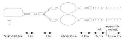 Schéma technique d’un câble d’alimentation LED modulaire avec dimensions et détails des connecteurs pour éclairage.