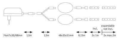 Schéma technique d’un câble d’alimentation LED modulaire avec dimensions et détails des connecteurs pour éclairage.