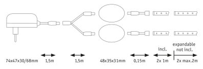 Technische Zeichnung eines modularen LED-Stromkabels mit Maßen und Anschlussdetails für Beleuchtungssysteme.