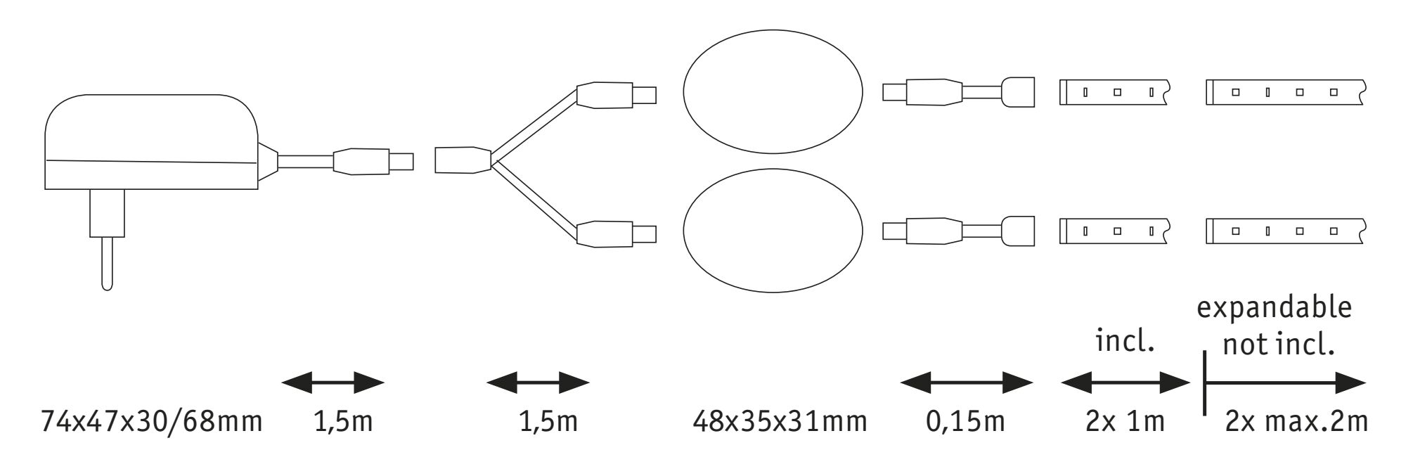 Technische tekening van een stroomadapter met kabels en connectoren voor LED-verlichtingssystemen.