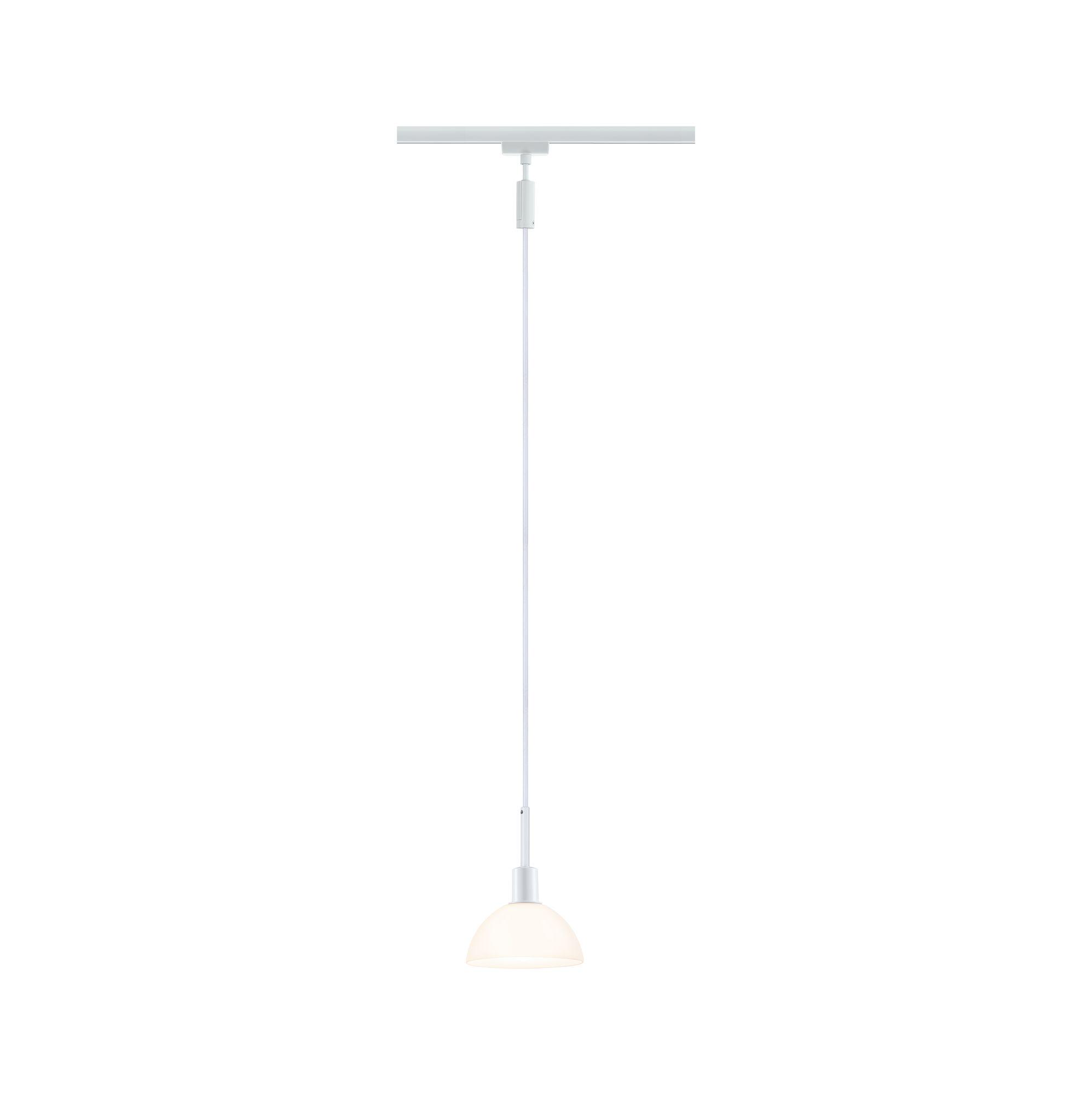 Witte hanglamp met halfronde glazen kap en witte kabel voor moderne binnenverlichting