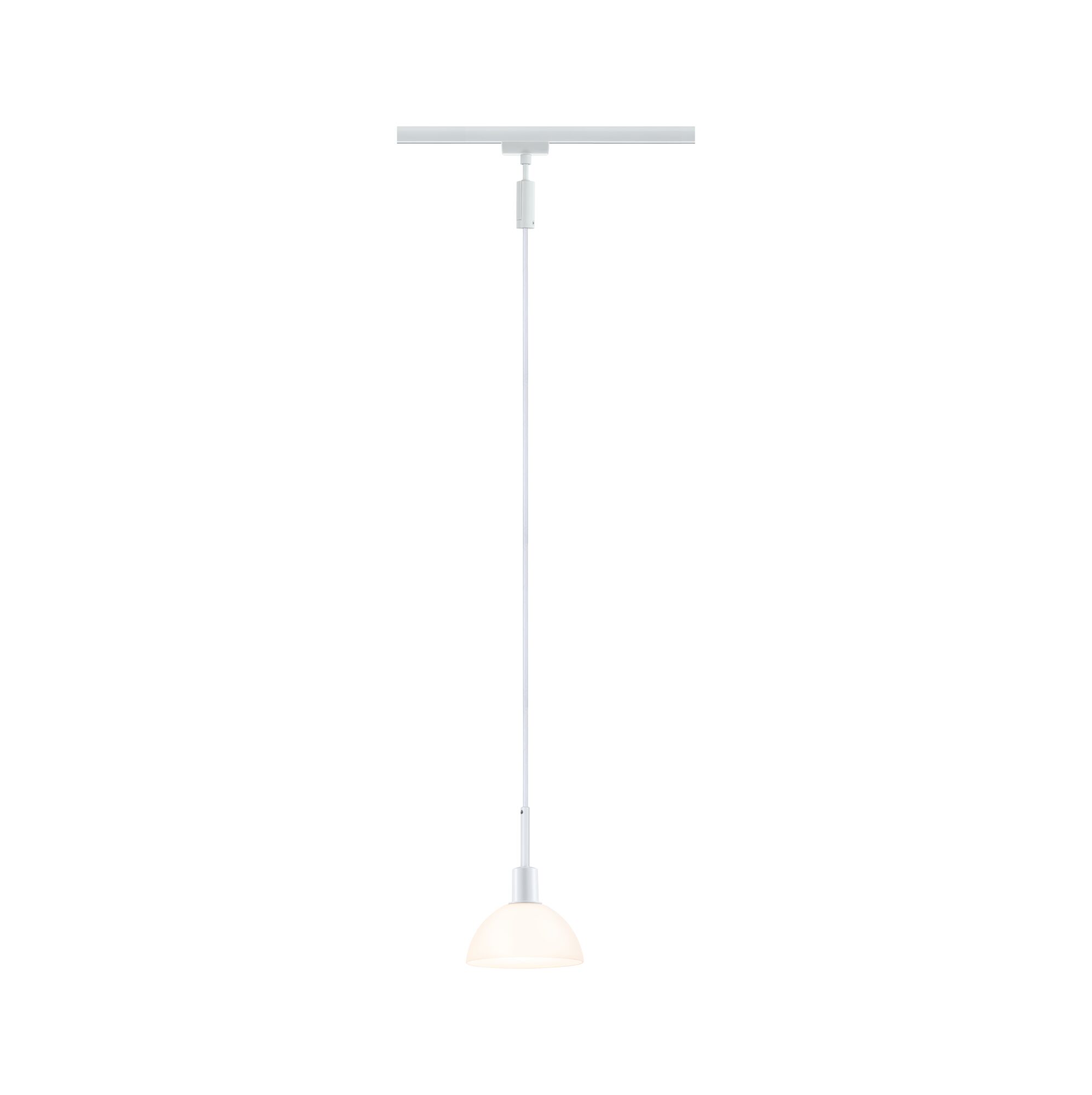 White pendant light with half-round glass shade and white cable for modern indoor lighting