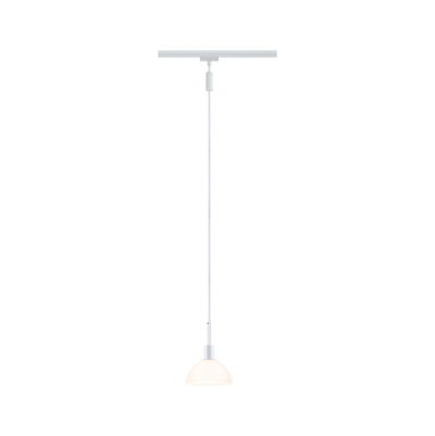 White pendant light with half-round glass shade and white cable for modern indoor lighting