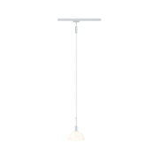 White pendant light with half-round glass shade and white cable for modern indoor lighting