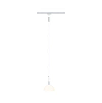 White pendant light with half-round glass shade and white cable for modern indoor lighting