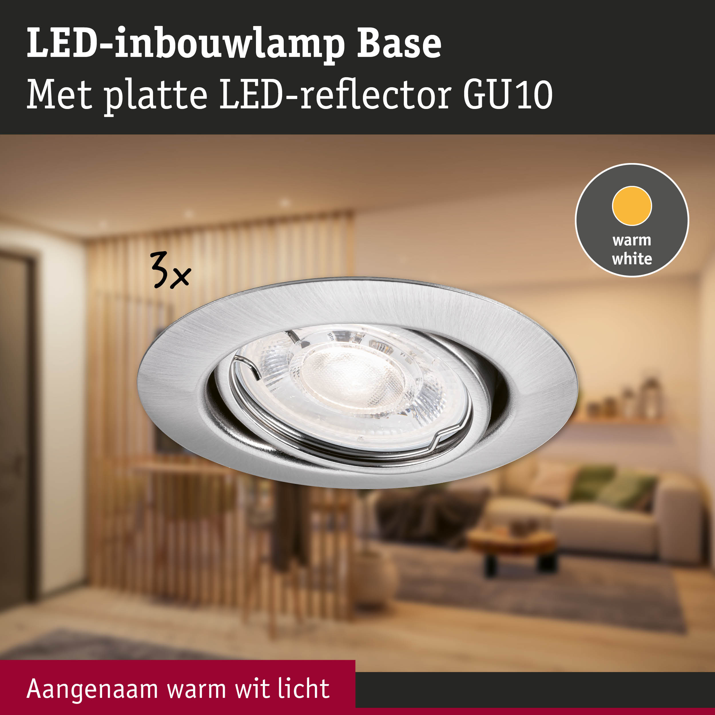 LED-inbouwlamp Base met platte LED-reflector GU10 in zilver voor warm wit licht
