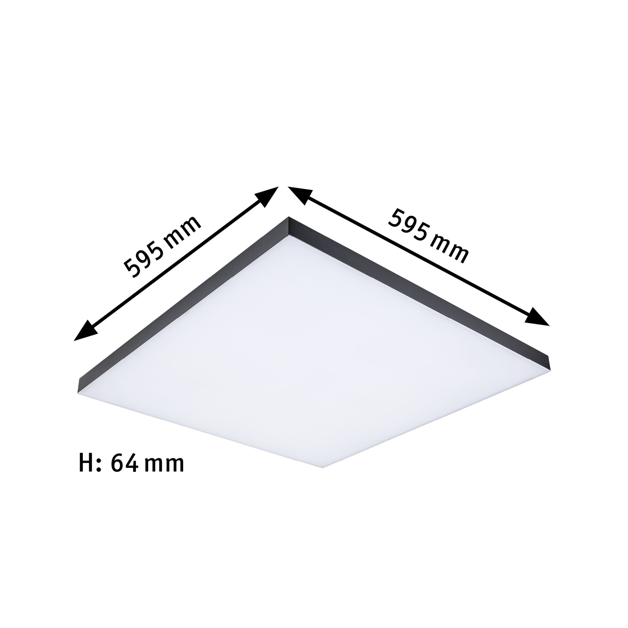 Square LED ceiling light with black frame measuring 595x595 mm for modern interior lighting