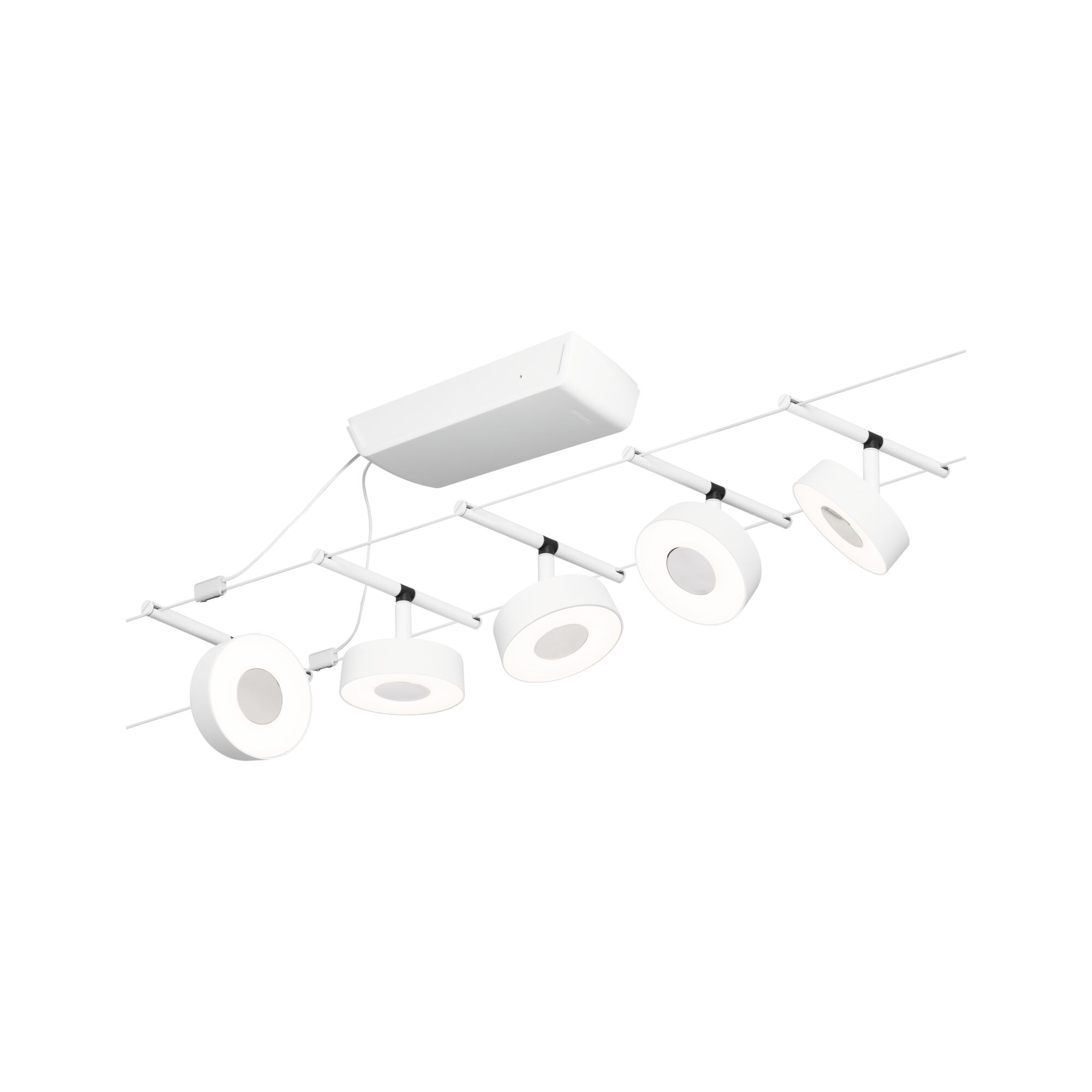 Modernes weißes LED-Seilsystem mit fünf runden Strahlern für flexible Raumbeleuchtung