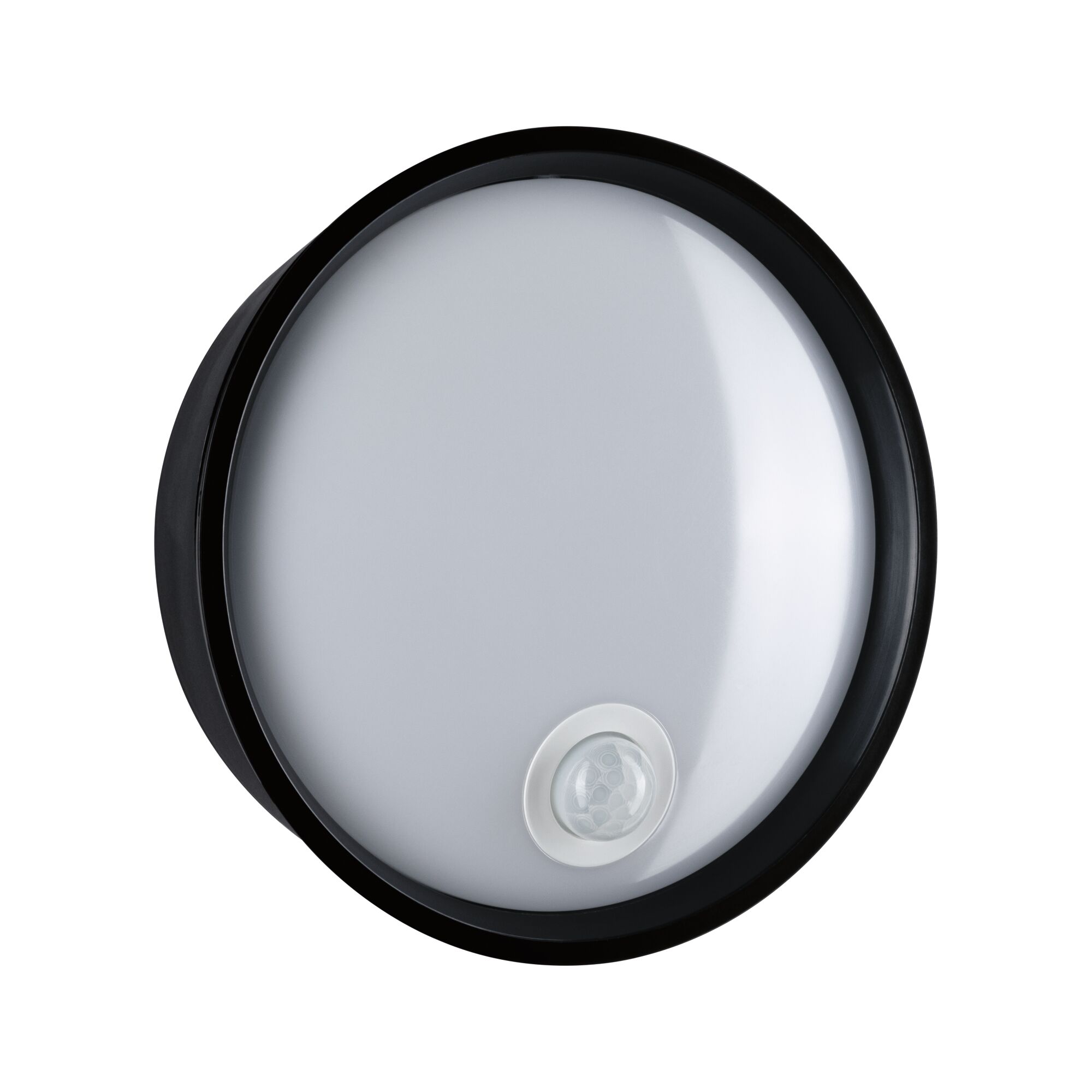 Round LED ceiling light with black frame and built-in motion sensor for energy-efficient lighting