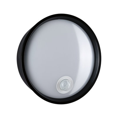 Round LED ceiling light with black frame and built-in motion sensor for energy-efficient lighting