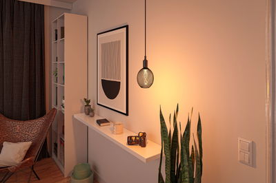 Suspension moderne en métal noir avec lumière chaude dans un salon cosy avec plantes et œuvre murale.