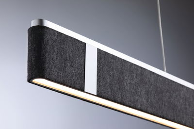 Modern LED pendant light with black felt and aluminum in minimalist design for living spaces.