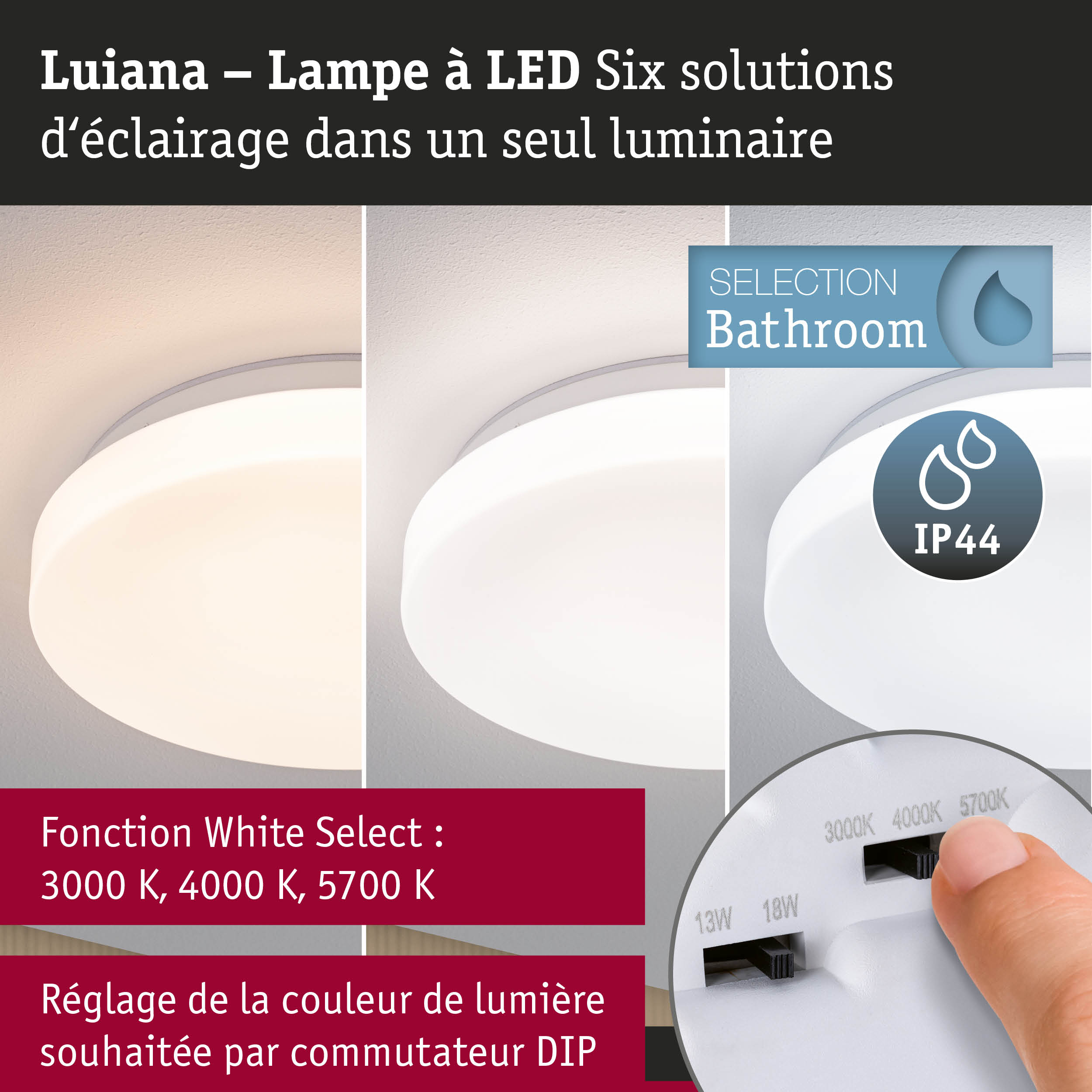 Plafonnier LED blanc Luiana avec température de couleur réglable de 3000K à 5700K pour salle de bain