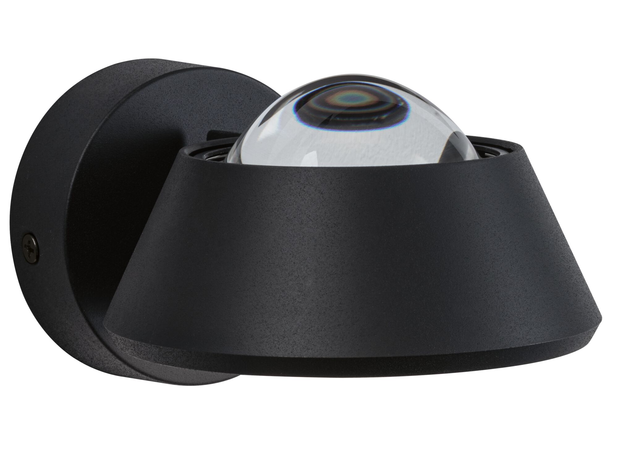 Zwarte metalen wandlamp met heldere glazen bol voor moderne LED binnenverlichting.