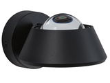 Zwarte metalen wandlamp met heldere glazen bol voor moderne LED binnenverlichting.