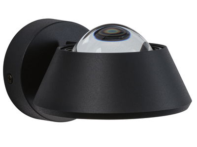 Black metal wall light with clear glass globe for modern LED indoor lighting solutions.