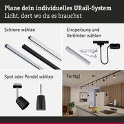 Modulares URail-Schienensystem mit schwarzen und weißen Schienen, Spots und Pendelleuchten für flexible Raumbeleuchtung