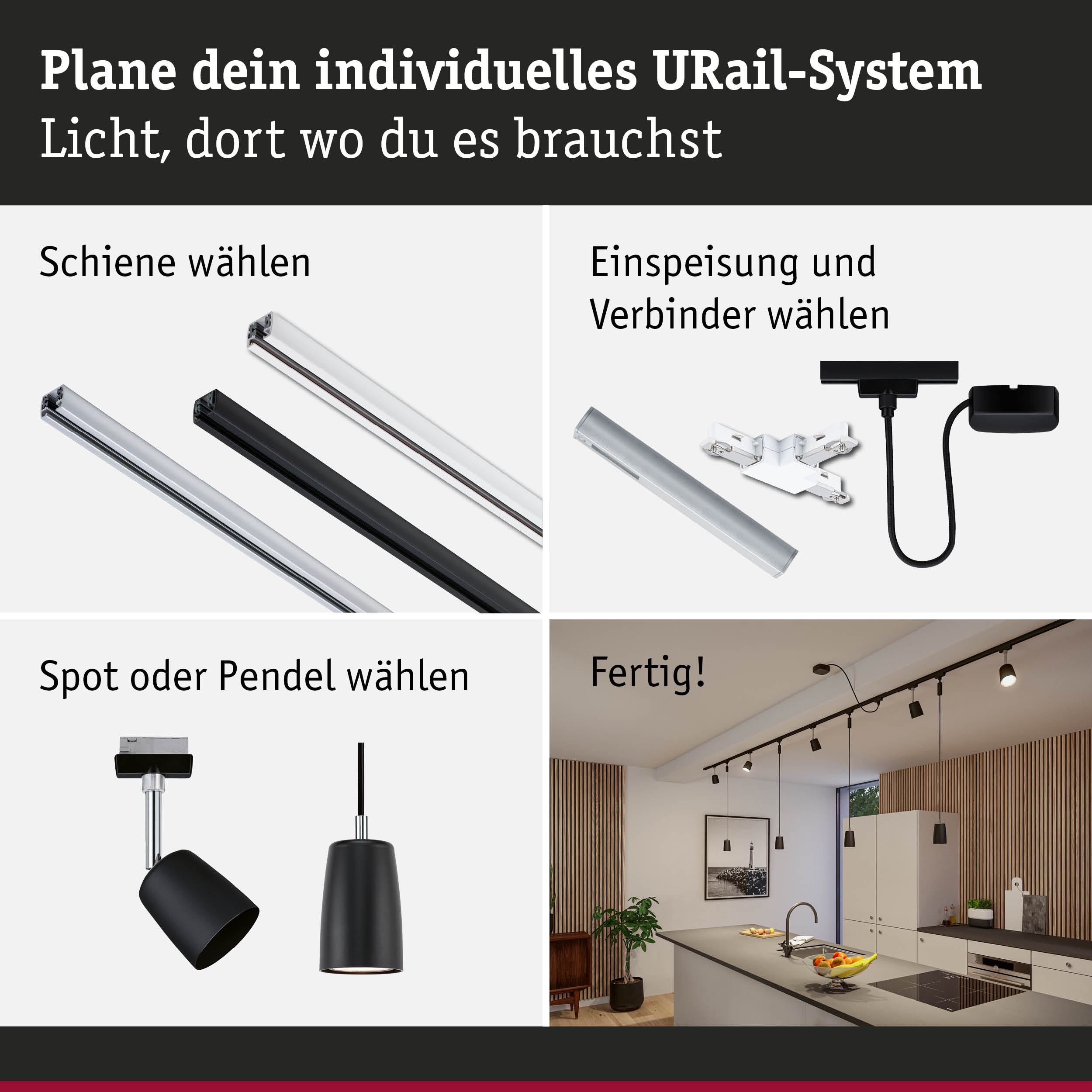 Modulares URail-Schienensystem mit schwarzen und weißen Schienen, Spots und Pendelleuchten für flexible Raumbeleuchtung