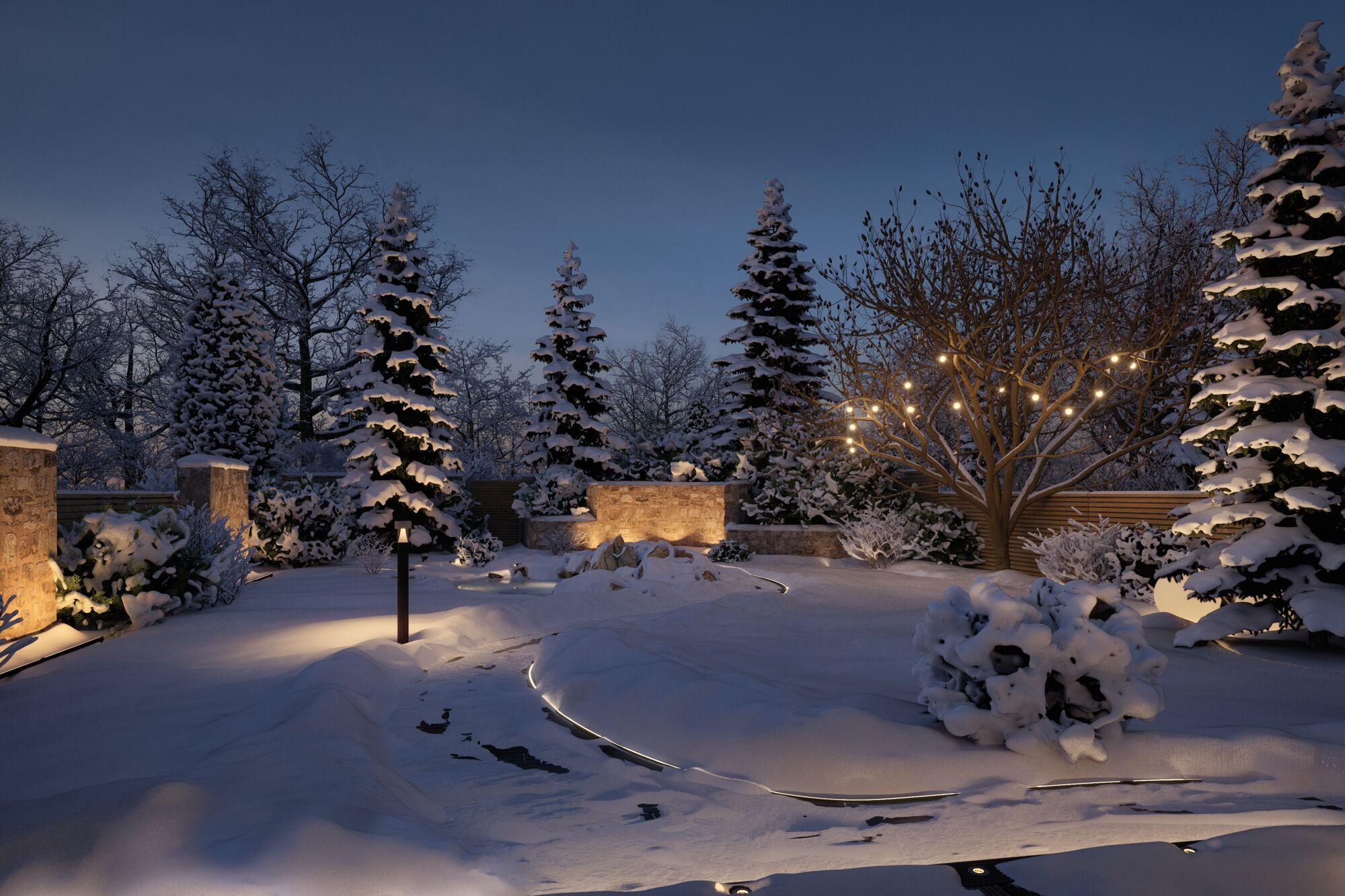 Snow-covered terrace with fir trees and warm white LED outdoor lighting for garden and patio in winter