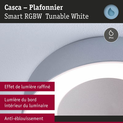 Plafonnier Casca Smart RGBW gris avec lumière blanche réglable et indice IP44 pour intérieur