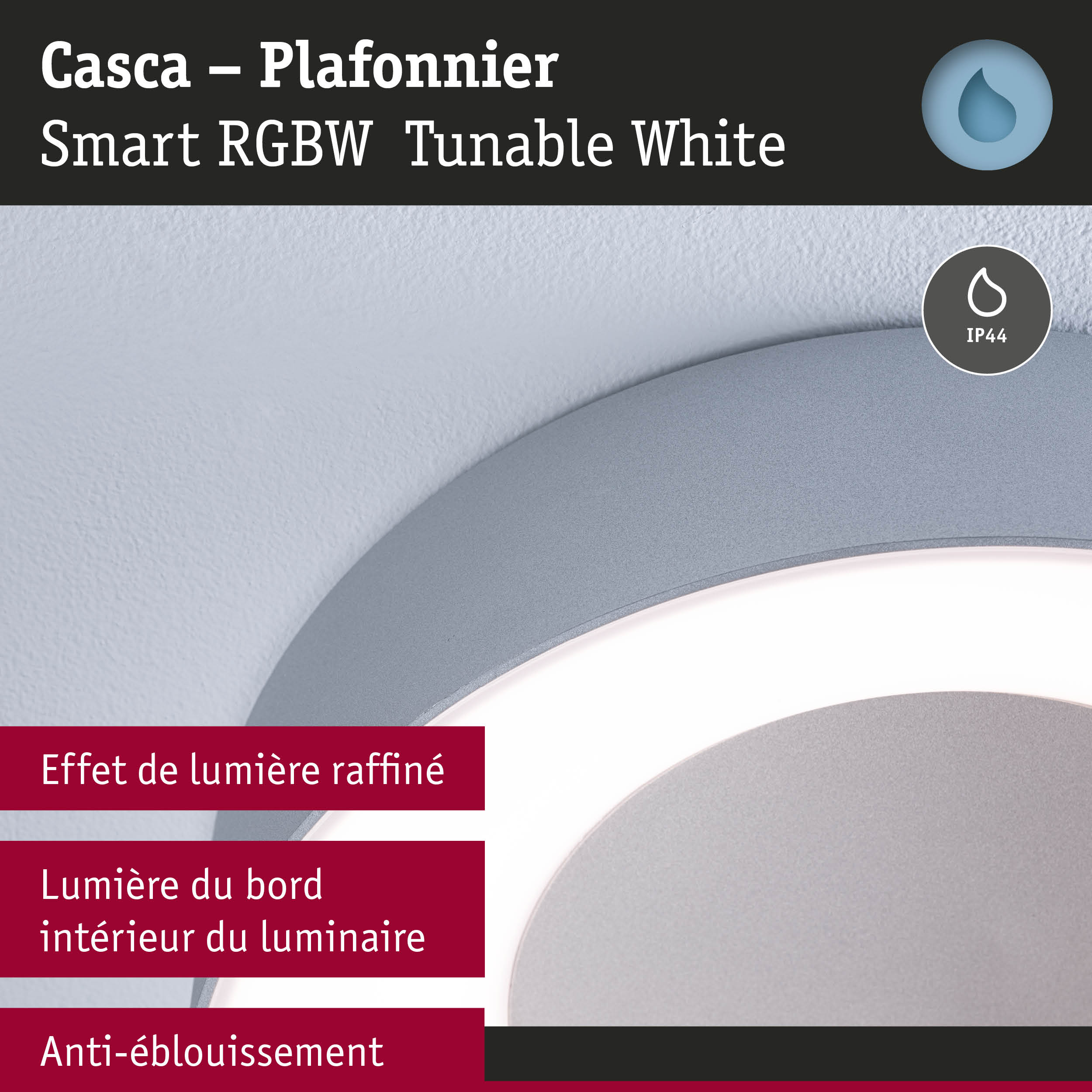 Plafonnier Casca gris avec éclairage intelligent RGBW réglable et indice de protection IP44