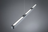 Modern silver aluminum LED pendant light with three elongated light panels for living spaces.