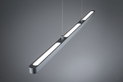 Modern silver aluminum LED pendant light with three elongated light panels for living spaces.