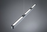 Modern silver aluminum LED pendant light with three elongated light panels for living spaces.