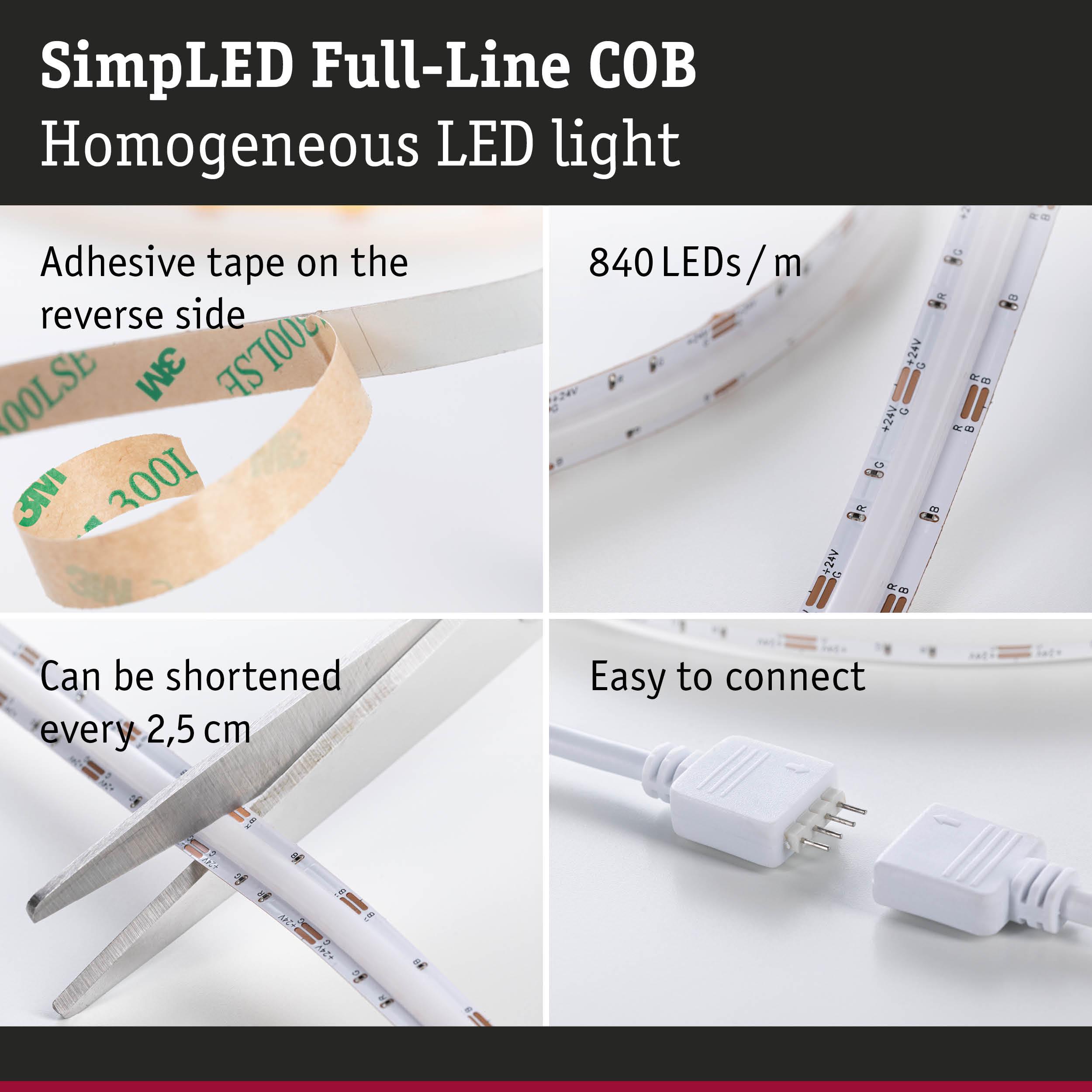 SimLED Full-Line COB LED strip with 840 LEDs/m, adhesive tape, cuttable every 2.5 cm, easy to connect