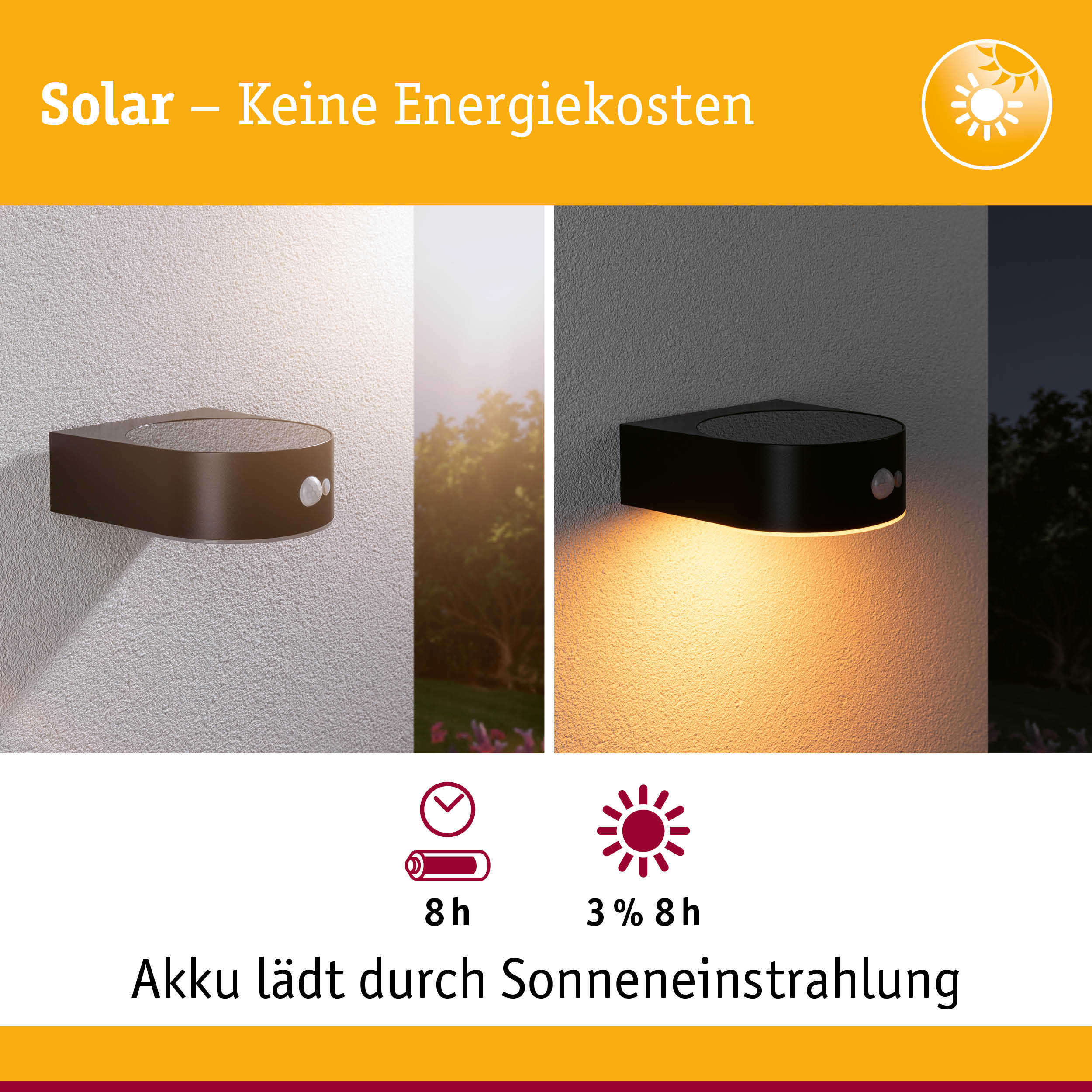 Schwarze Solar-Wandleuchte mit Bewegungssensor an weißer Wand, Tages- und Nachtansicht, energiesparende Außenbeleuchtung