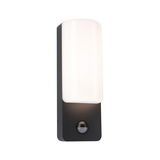 Modern black metal outdoor wall light with white plastic shade and motion sensor