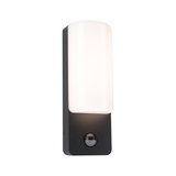 Modern black metal outdoor wall light with white plastic shade and motion sensor