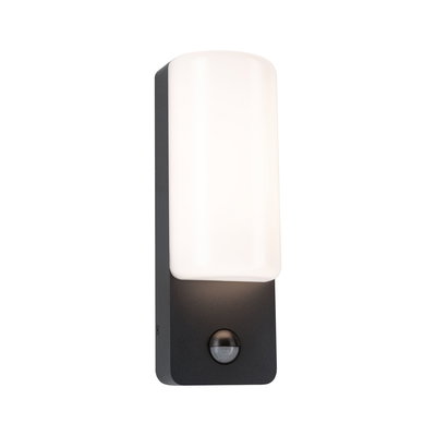 Modern black metal outdoor wall light with white plastic shade and motion sensor