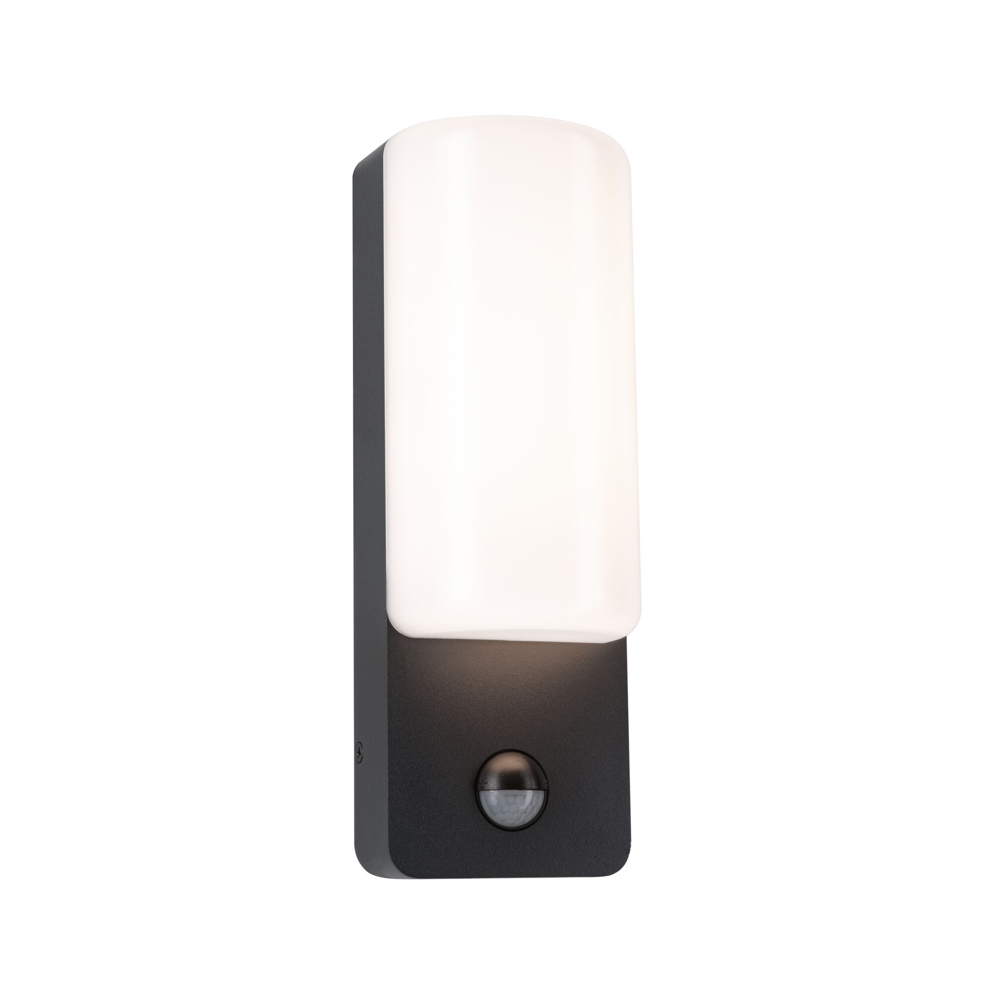 LED Außenwandleuchte Bonnie Dämmerungsgesteuerter Bewegungsmelder (IR) IP44 93x263mm 3000K 8,5W 560lm 230V Anthrazit Aluminium Moderne Außenwandleuchte aus schwarzem Metall mit weißem Kunststoffschirm und Bewegungsmelder