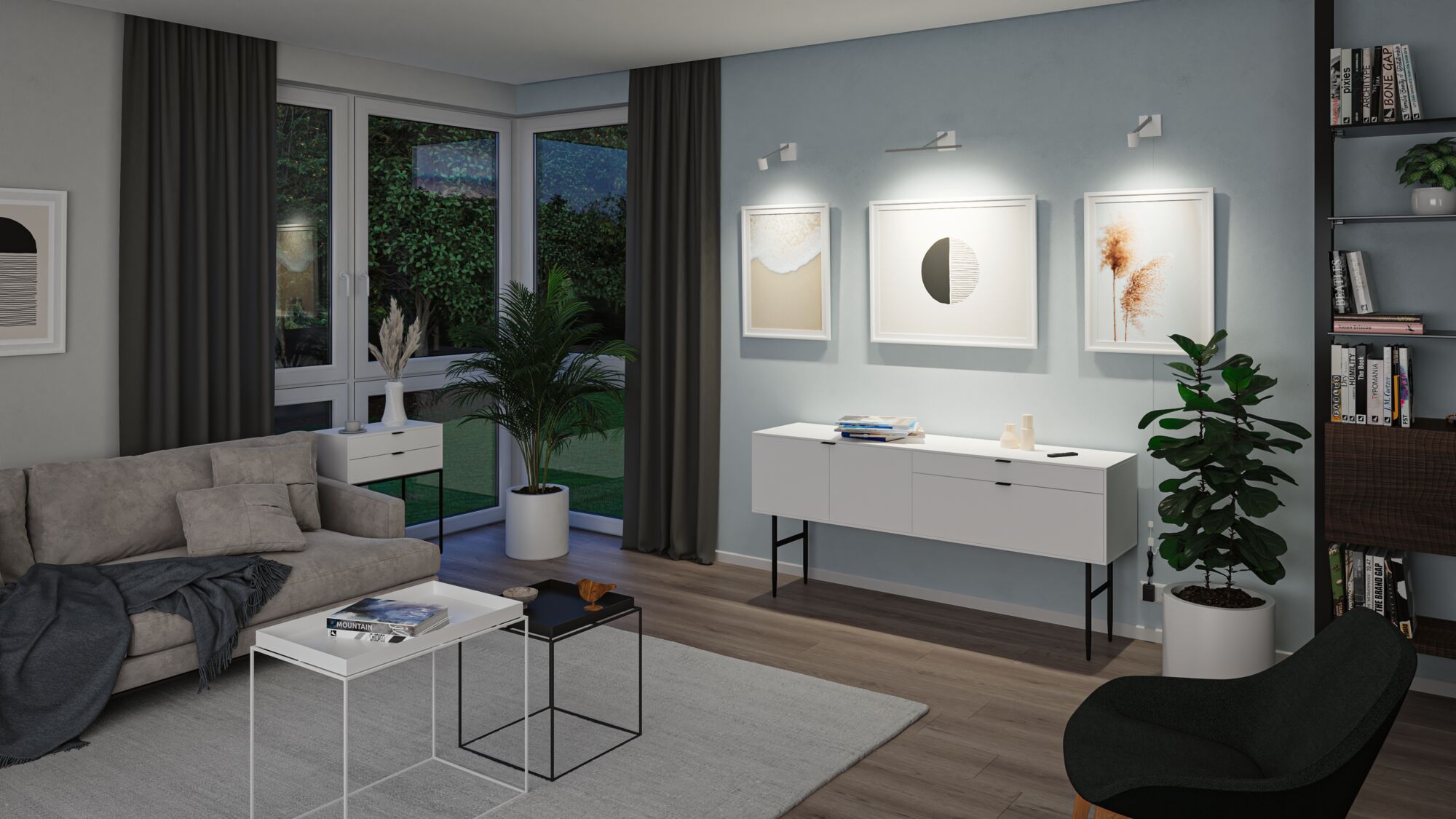 Moderne woonkamer met witte wandlampen, lichtblauwe muur en minimalistisch houten en metalen meubilair.