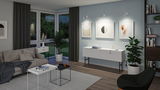 Moderne woonkamer met witte wandlampen, lichtblauwe muur en minimalistisch houten en metalen meubilair.