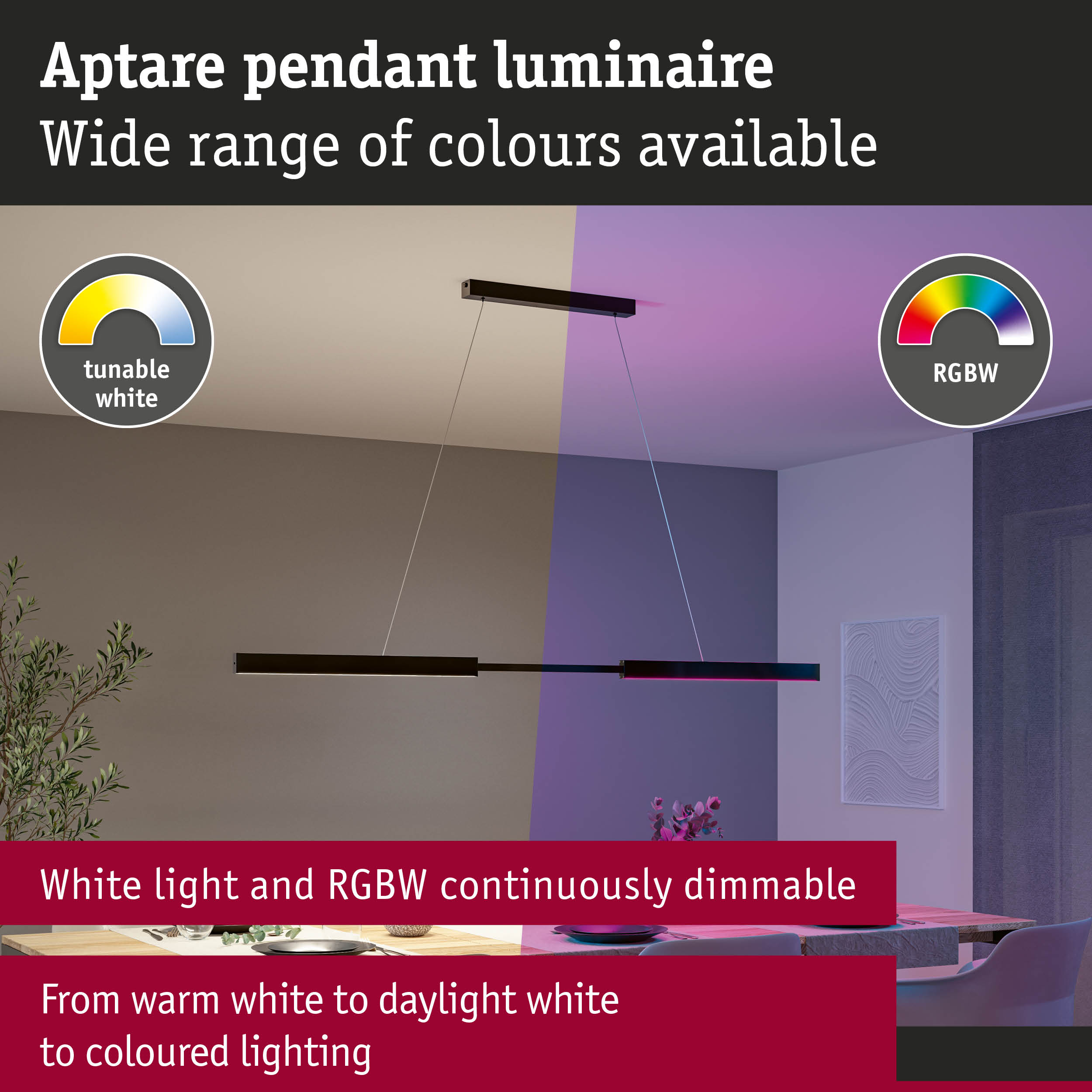 Aptare pendant luminaire with tunable white and RGBW colours for versatile lighting options