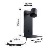 Black metal wall lamp with shelf and 140 cm cord, dimensions 350x220x189 mm, modern LED light
