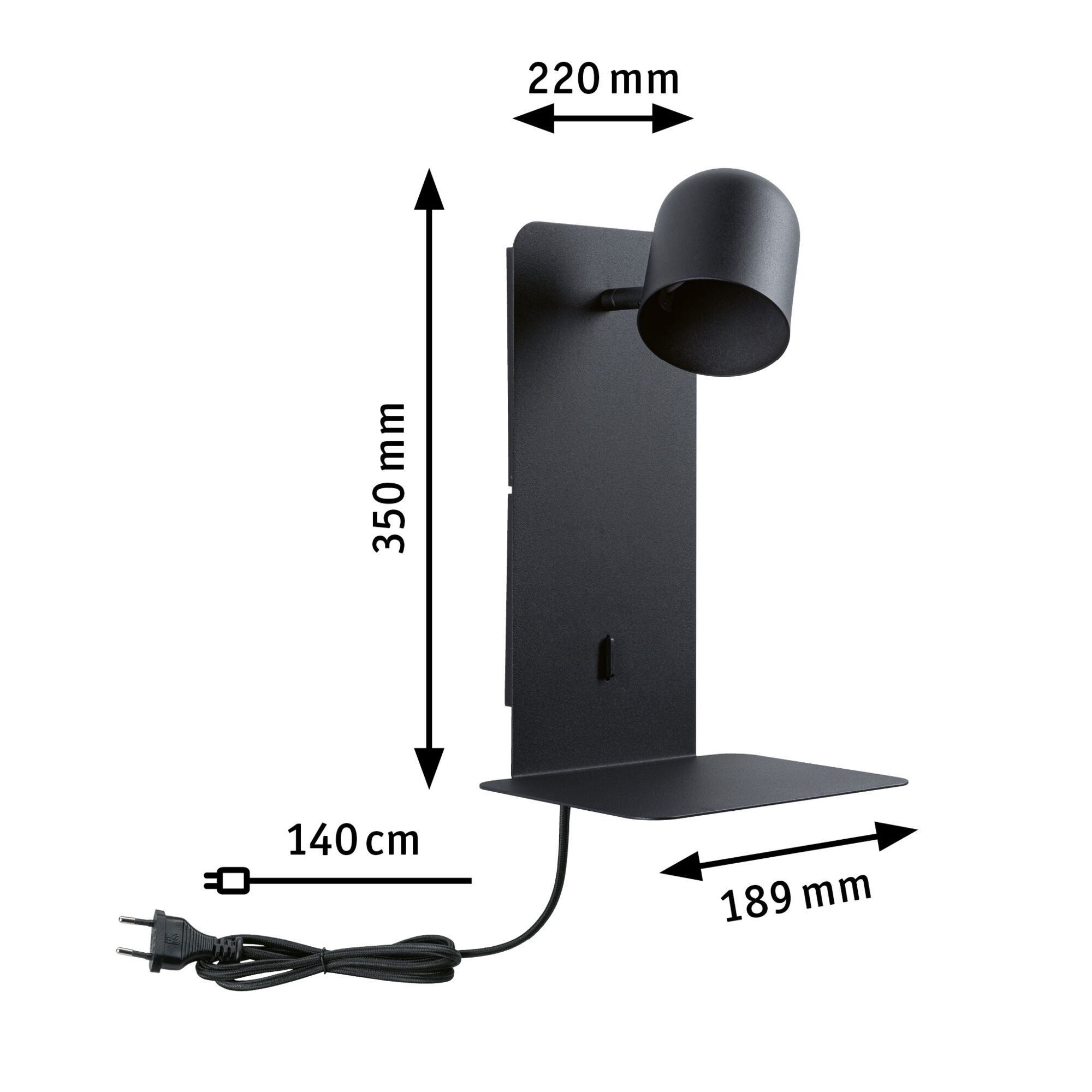 Black metal wall lamp with shelf and 140 cm cord, dimensions 350x220x189 mm, modern LED light