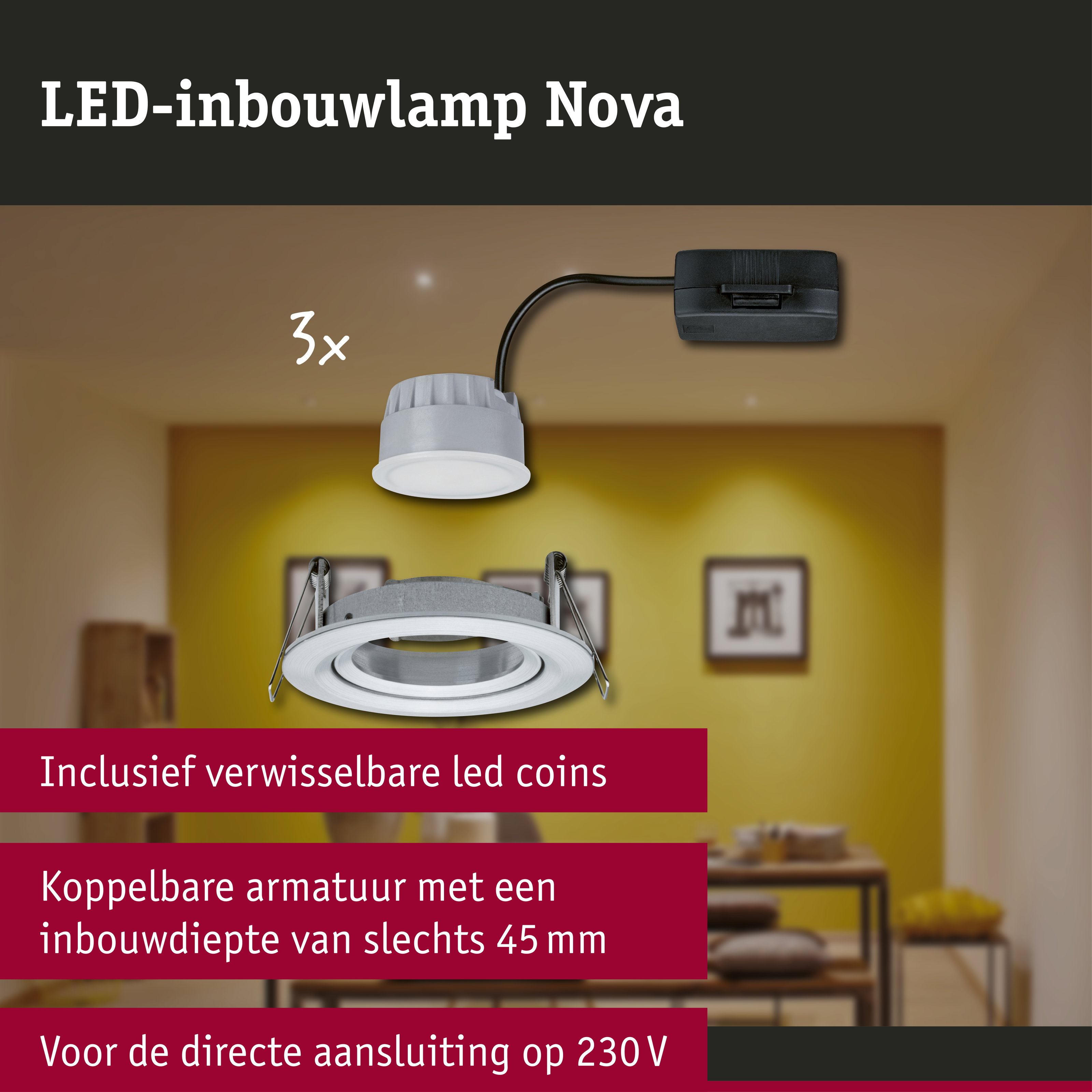 LED-inbouwlamp 3-Step-Dim Nova Coin Basisset zwenkbaar rond 84mm 50° Coin 3x6W 3x470lm 230V dimbaar 2700K Alu gedraaid